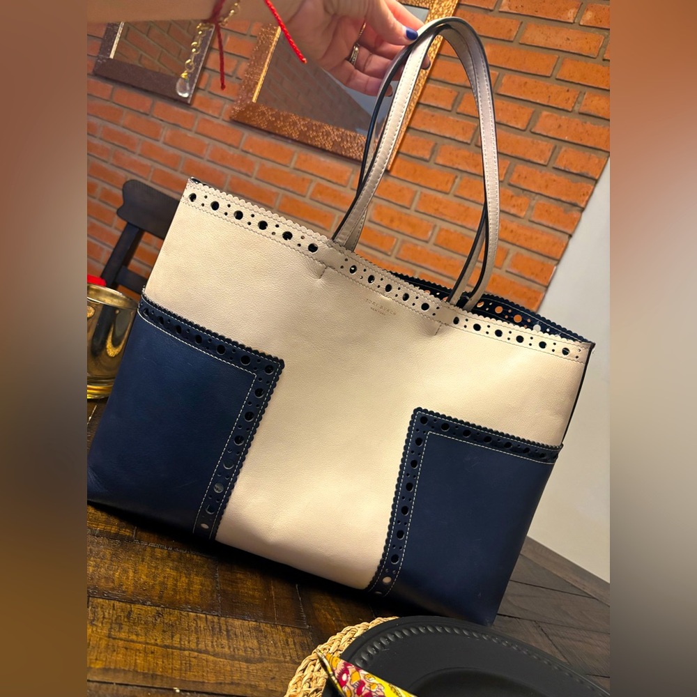 Tory Burch Cream and Blue Structured Tote